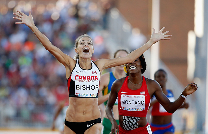Canada’s Melissa Bishop beats Alysia Montano of the United States across the finish line to win the women's 800m final during Day 12 of the Toronto 2015 Pan Am Games on July 22, 2015.  