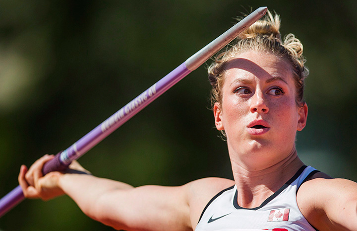 Canada’s Elizabeth Gleadle competes on her way to win the gold medal in javelin during the athletics at the Pan Am Games in Toronto, Tuesday July 21, 2015. 