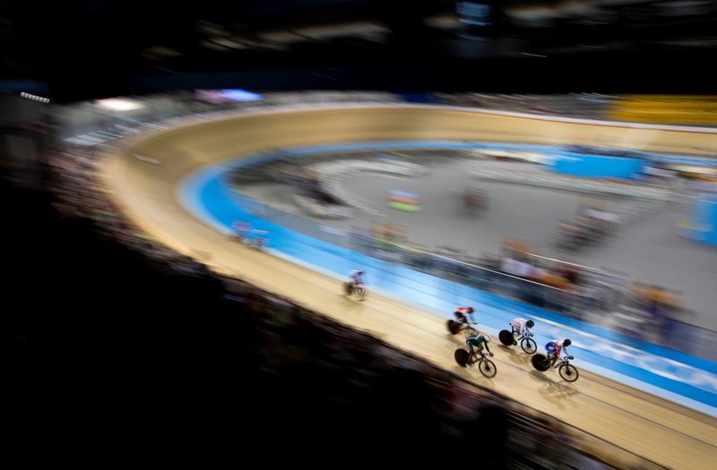 Athletes compete during the men's omnium scratch track cycling event at the Pan Am Games in Milton, Ontario, Thursday, July 16, 2015. 