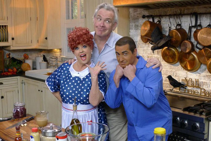 Bobby Deen, right, pictured wearing dark makeup to portray Ricky Ricardo.