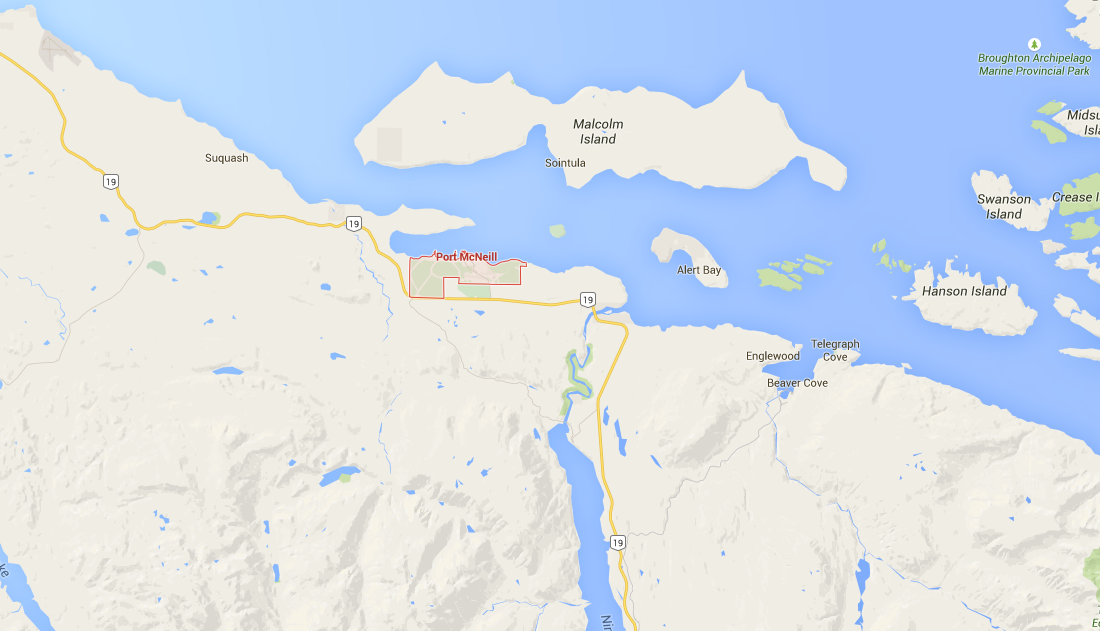 The man was working in a remote region, west of Port McNeill.