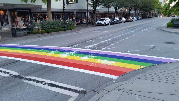 New Westminster’s rainbow crosswalk splattered with white paint in 2015.