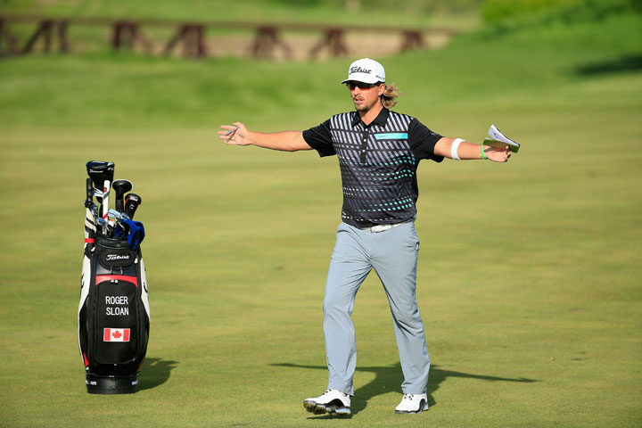 Roger Sloan of Canada prepares to hit his second shot on the 17th hole during the first round of the United Leasing Championship held at Victoria National Golf Club on April 30, 2015 in Newburgh, Indiana.