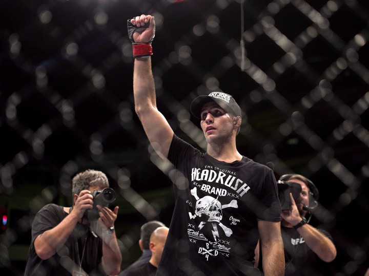 Canadian Rory MacDonald salutes the crowd after beating Tarec Saffiedine in their welterweight bout at UFC Fight Night 4 in Halifax Saturday, October 4, 2014.