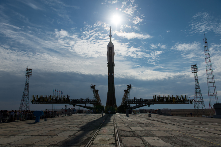 The Soyuz TMA-17M spacecraft is raised into position on the launch pad Monday, July 20, 2015 at the Baikonur Cosmodrome in Kazakhstan.