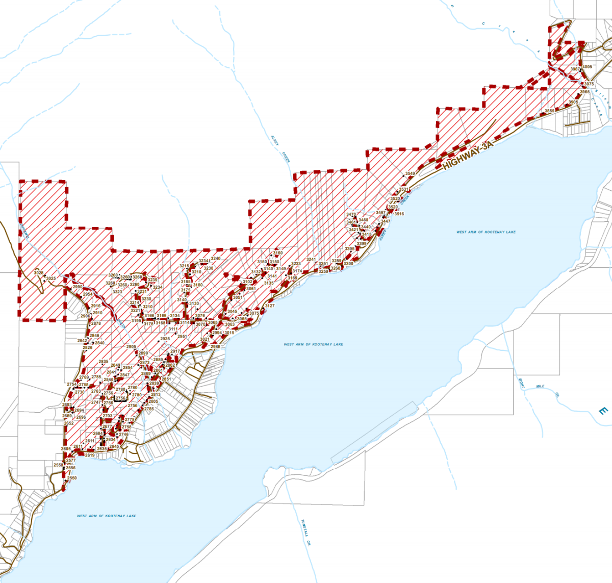 The areas east of Nelson around Willow Point affected by the evacuation alert.