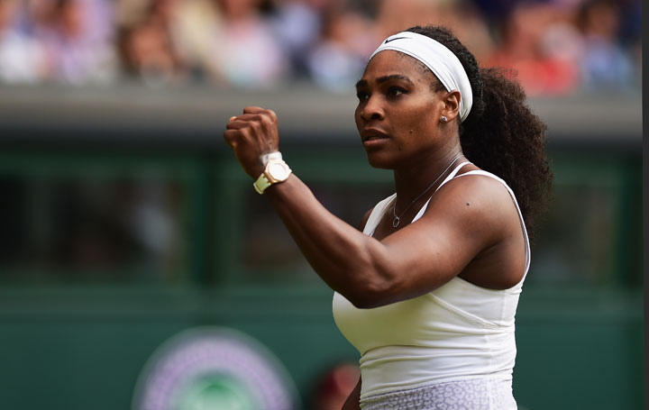 Serena Williams of the United States celebrates a point in her Ladies Singles Third Round match against Heather Watson of Great Britain during day five of the Wimbledon Lawn Tennis Championships at the All England Lawn Tennis and Croquet Club on July 3, 2015 in London, England.