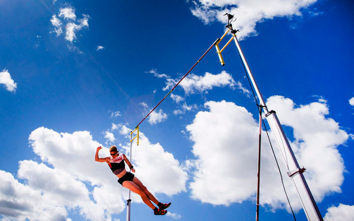Shawnacy Barber of Canada celebrates clearing the bar on his way to winning the gold medal in pole vault during the athletics at the Pan Am Games in Toronto, Tuesday July 21, 2015.