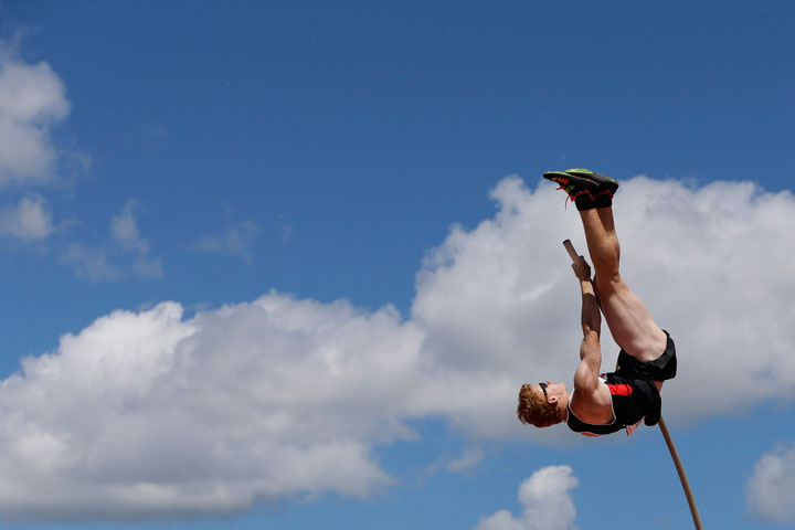 Canada's Shawnacy Barber competes in the men's pole vault event at the Pan Am Games in Toronto, Ontario, Tuesday, July 21, 2015. Barber won the gold medal.