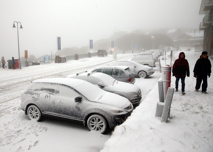 Cars are seen covered in snow during a cold snap on July 11, 2015 in Mount Buller, Australia.