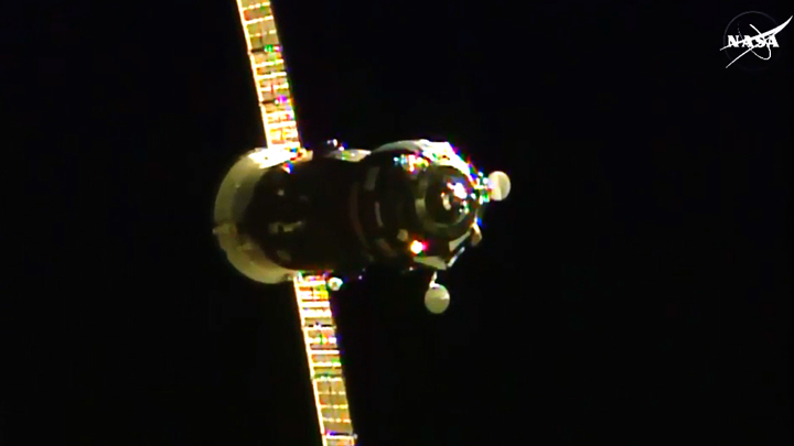 Progress 60 is seen here moments before successfully docking with the International Space Station.
