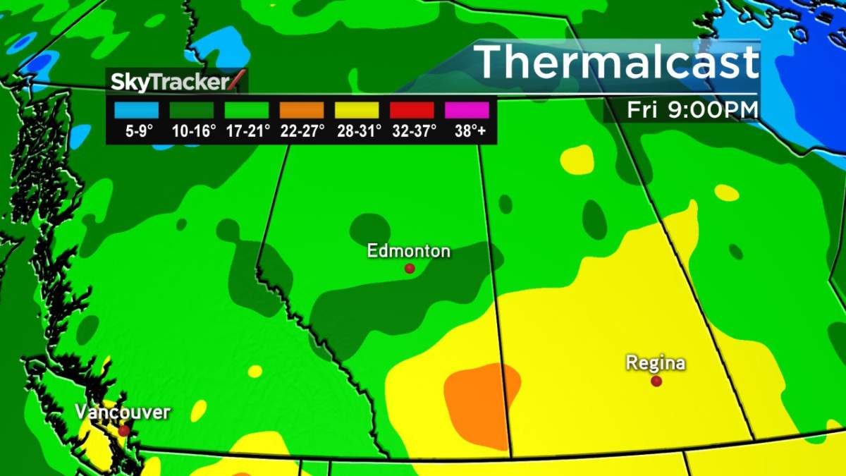 This Thermalcast prediction image shows cooler air migrating south through Alberta late day Friday, leaving the majority of the province noticeably cooler through the weekend.