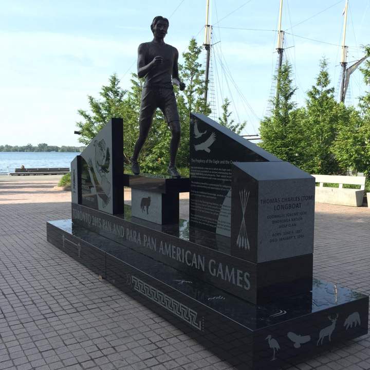 The tribute to Tom Longboat was constructed just in time for the Pan Am Games.