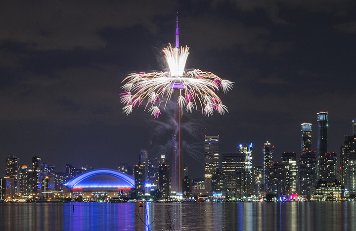 Fireworks shoot from the CN Tower during the opening ceremony for the 2015 Pan American Games in Toronto, July 10, 2015.      