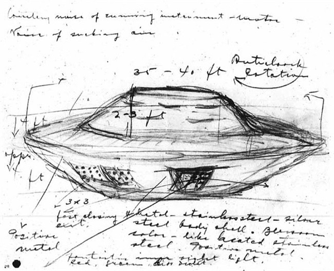 A sketch of a UFO reportedly observed in Falcon Lake, Man., in 1967 is shown in a handout sketch.