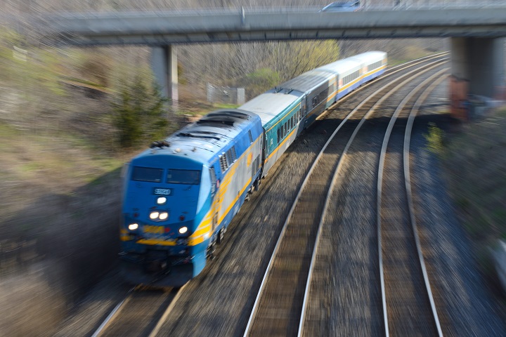 A VIA train in motion in Hamilton, Ont., May 3, 2015. 