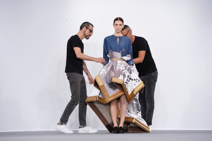 Viktor Horsting, a model and Rolf Snoeren pose on the runway during the Viktor & Rolf show as part of Paris Fashion Week Haute Couture Fall/Winter 2015/2016 on July 8, 2015 in Paris, France.