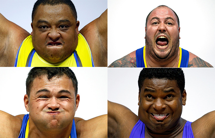 Combination photo shows weightlifters competing at the Pan Am Games in Toronto. 