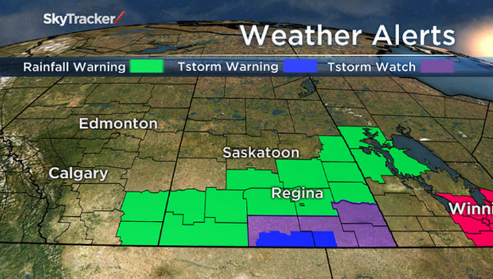 Most of southern Saskatchewan, some central regions under a rainfall warning, 50-80 mm expected by Tuesday.