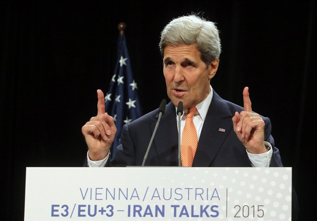 U.S. Secretary of State John Kerry delivers a statement on the Iran talks deal at the Vienna International Center in Vienna, Austria Tuesday July 14, 2015. After 18 days of intense and often fractious negotiation, world powers and Iran struck a landmark deal Tuesday to curb Iran's nuclear program in exchange for billions of dollars in relief from international sanctions, an agreement designed to avert the threat of a nuclear-armed Iran and another U.S. military intervention in the Muslim world. (AP Photo/Ronald Zak).