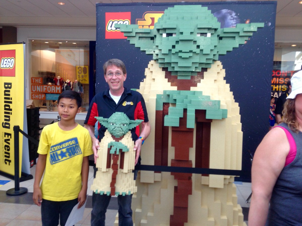 8 ft. tall Yoda created from Lego bricks on display at Polo Park after three days of building the creation.