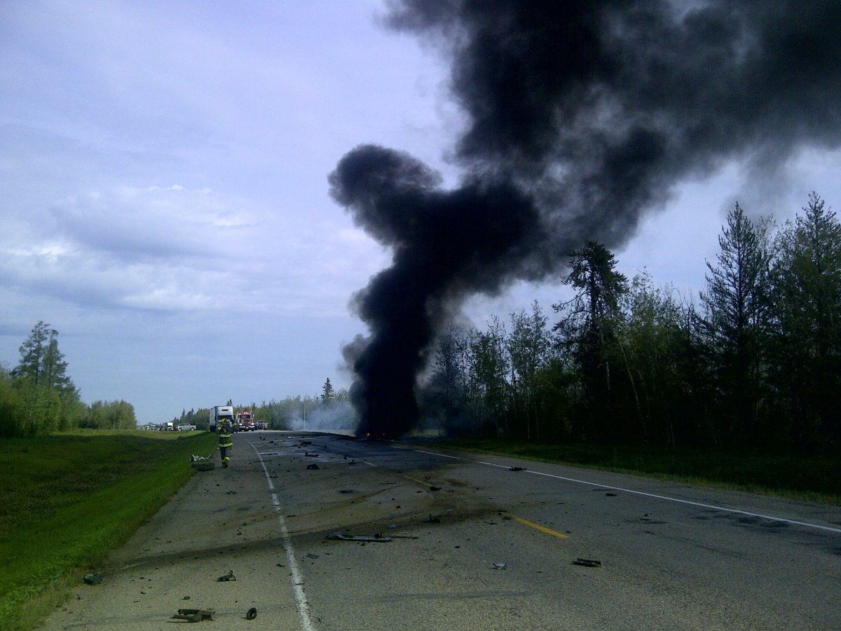 On August 26, 2015, at 10:30 AM, approximately 25km north of Boyle a southbound pickup truck struck a northbound semi tractor trailer on Highway 63.