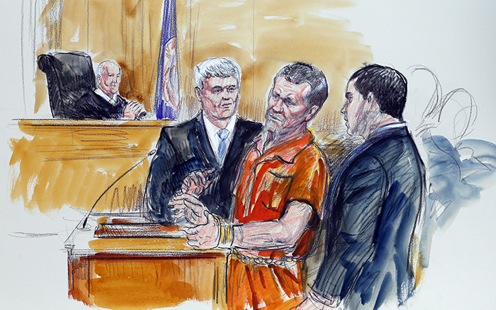 In this Friday Nov. 7, 2014 artist rendering, Irek Hamidullin, front center, his attorney Robert Wagner, front left, and interpreter Ihab Samra, front right, appear in federal court as judge Henry Hudson, left, listens in Richmond, Va. 