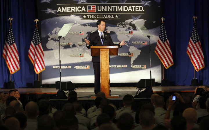 Republican presidential candidate, Wisconsin Gov. Scott Walker gives a foreign policy speech on the campus of The Citadel, Friday, Aug. 28, 2015, in Charleston, S.C.