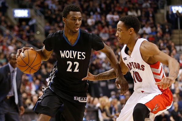 Timberwolves' Andrew Wiggins gets past DeMar DeRozan during action between Minnesota Timberwolves and Toronto Raptors at the Air Canada Centre.        (Bernard Weil/Toronto Star via Getty Images).