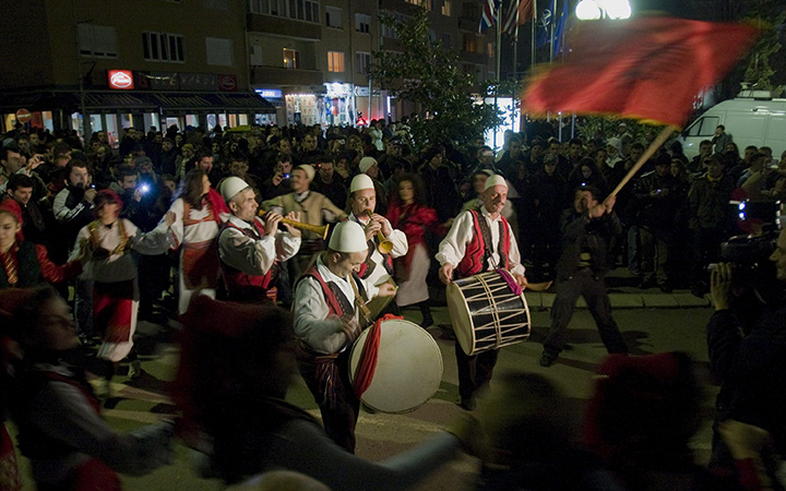 Ethnic Albanians dance in the main square of Kosovo's capital Pristina on Tuesday, Feb. 17, 2009. Kosovo has applied for membership in the United Nations'
scientific and cultural organization but Serbia is attempting to block the move.