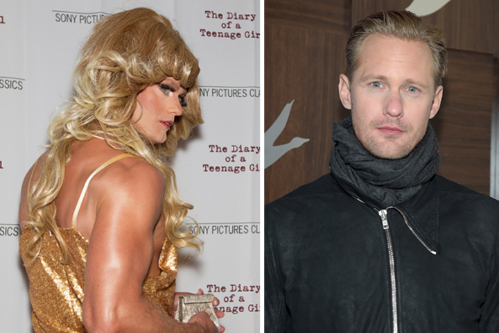 Alexander Skarsgård, pictured at left in drag on Aug. 3, 2015 and at right in January 2015.