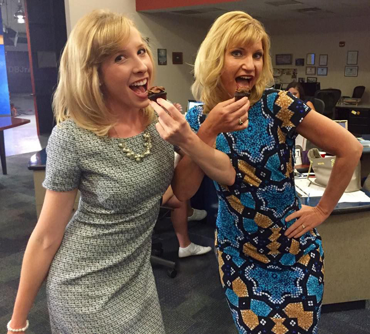 Alison Parker with News Anchor Kimberly McBroom who was visibly shocked as live feed is cut after the shooting Reporter and cameraman shot dead during live broadcast, Virginia, America