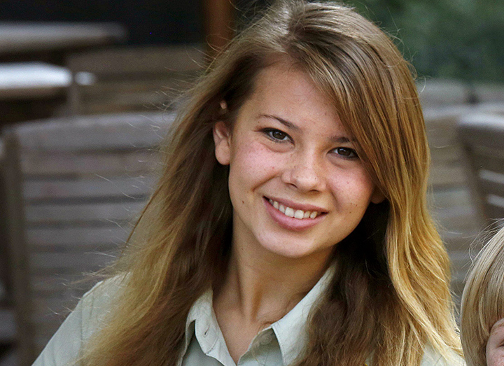 FILE - In this Oct. 24, 2013 file photo, Bindi Irwin, daughter of the late Australian animal activist Steve Irwin, poses after an interview in Hong Kong. 