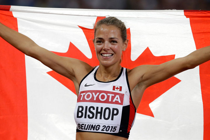 Canada's Melissa Bishop celebrates after her second place finish in the women's 800m final at the World Athletics Championships at the Bird's Nest stadium in Beijing, Saturday, Aug. 29, 2015.