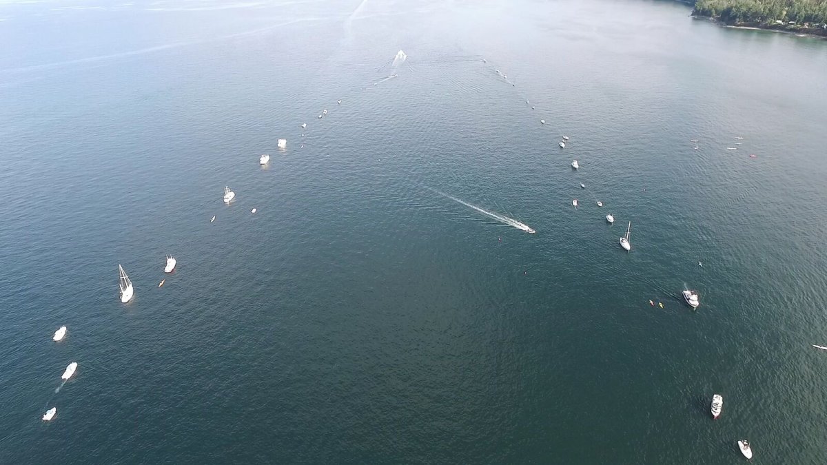 Eighty boats lined up along the perimeter of one of the proposed freighters on Sunday, Aug. 9. 