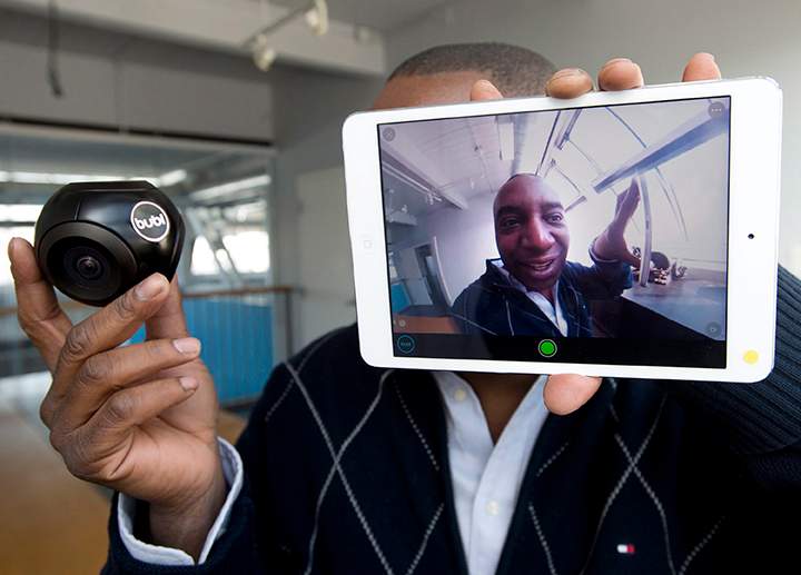 Sean Ramsay Buble Technology Inc. Founder, Chief Executive Officer poses for a photograph with the Buble cam in Toronto on Friday, February 13, 2015. 