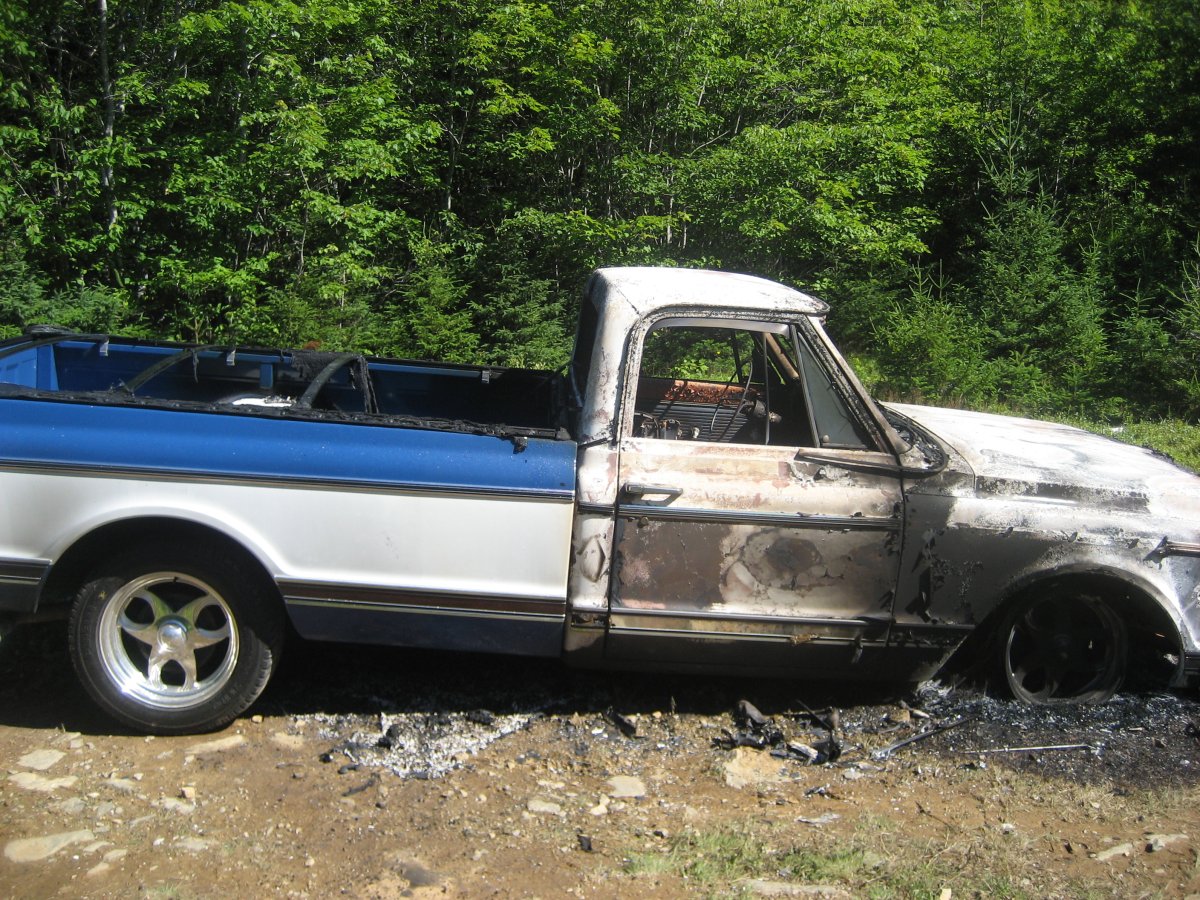 A stolen antique truck was found burnt on a logging road in Porters Lake.