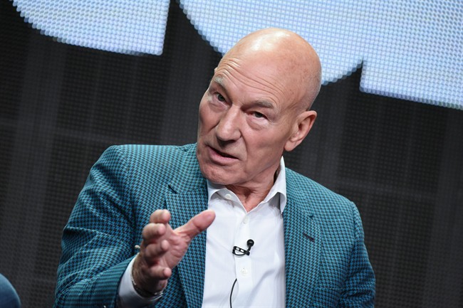 FILE - In this Friday, July 31, 2015 file photo, actor Patrick Stewart speaks onstage during the "Blunt Talk" panel at the Starz 2015 Summer TCA Tour held at the Beverly Hilton Hotel in Beverly Hills, Calif. After commanding a starship and a team of mutants in ongoing sci-fi and superhero franchises, Stewart's latest mission is starring in his first-ever TV comedy. (Photo by Richard Shotwell/Invision/AP, File).