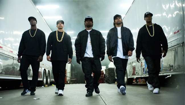 This photo provided by Universal Pictures shows, Aldis Hodge, from left, as MC Ren, Neil Brown, Jr. as DJ Yella, Jason Mitchell as Eazy-E, O’Shea Jackson, Jr. as Ice Cube and Corey Hawkins as Dr. Dre, in the film, “Straight Outta Compton.".