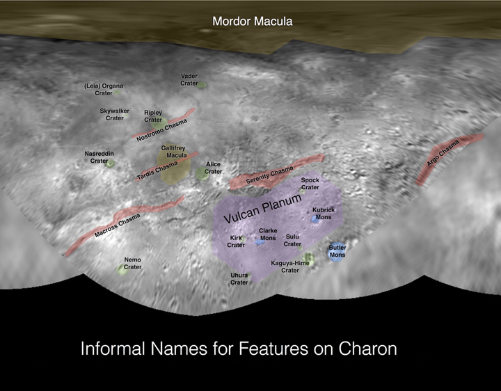 The informal names of features on Pluto's largest moon, Charon, are seen here. The names were chosen based on the names received from the "Our Pluto" naming campaign. 