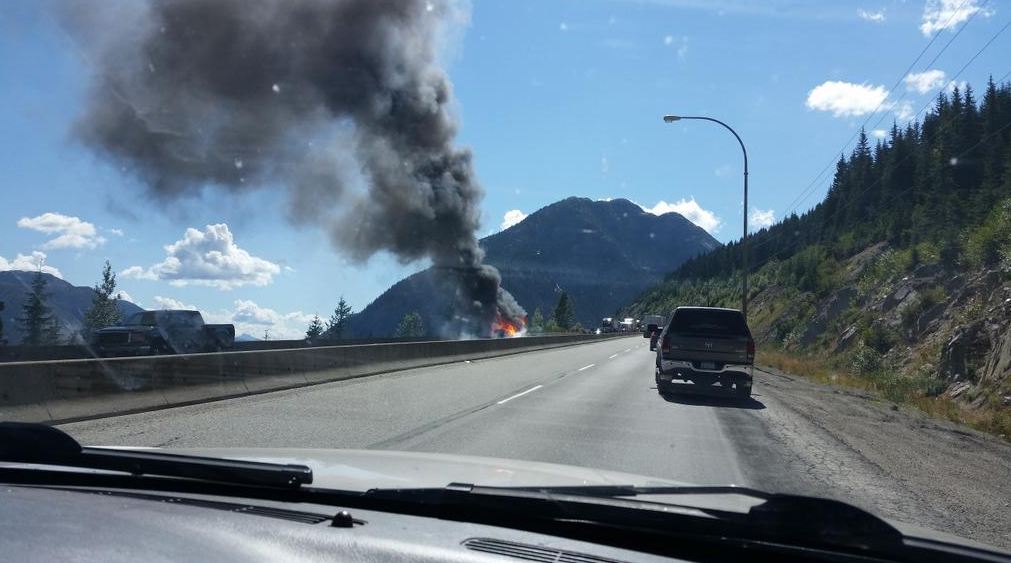 A vehicle fire is reportedly what closed the Coquihalla Highway in both directions 2 km north of Great Bear Snowshed Tuesday afternoon.