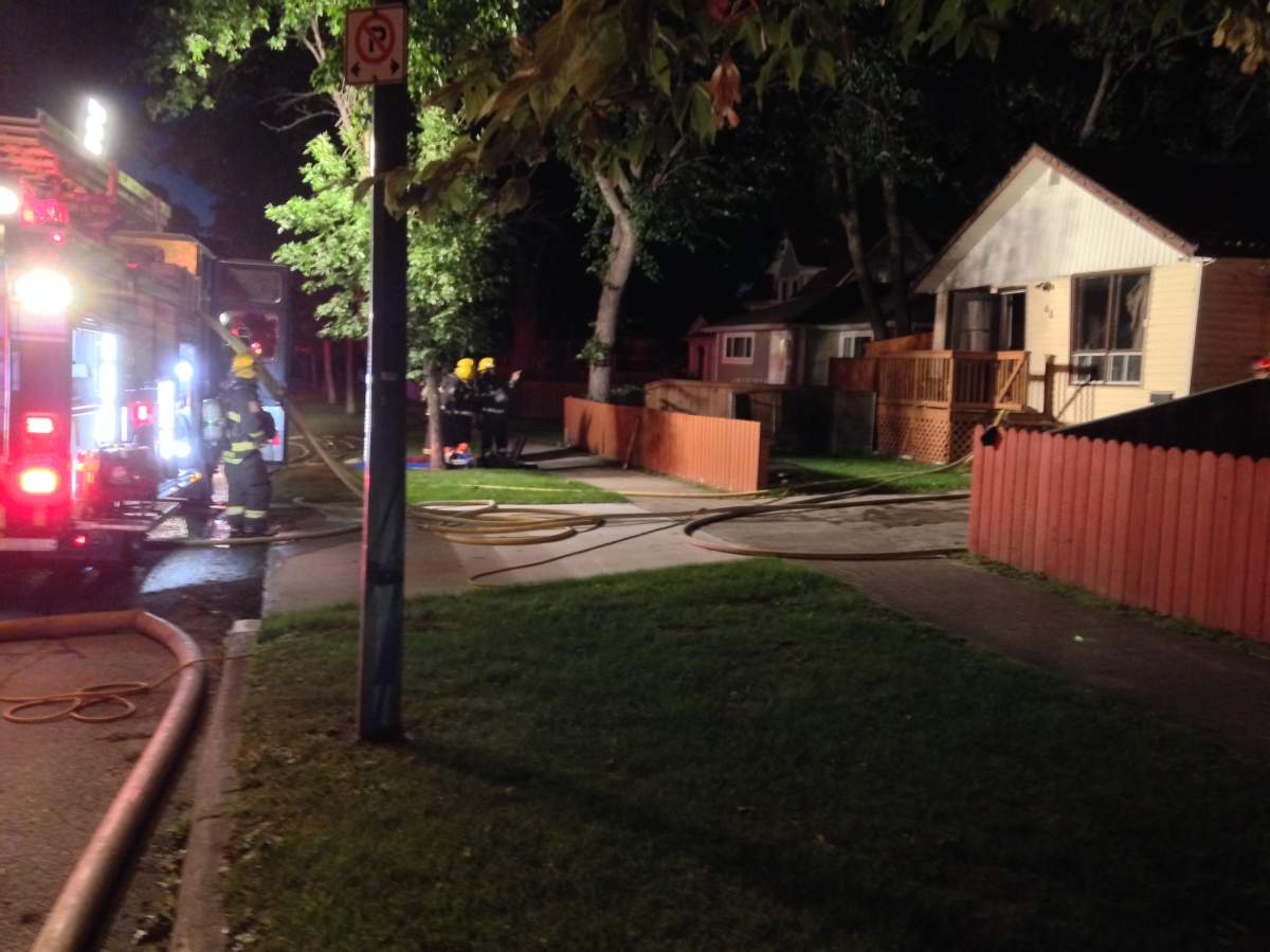 Fire crews battle a blaze in St. Boniface Tuesday morning.