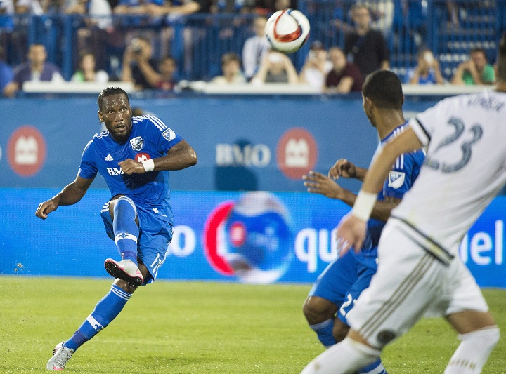 Montreal Impact's Didier Drogba takes a free kick against the Philadelphia Union during second half MLS soccer action in Montreal, Saturday, August 22, 2015. 