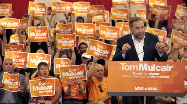 Federal NDP Leader Tom Mulcair speaks to supporters during a rally in Halifax on Sunday, Aug.30, 2015. 