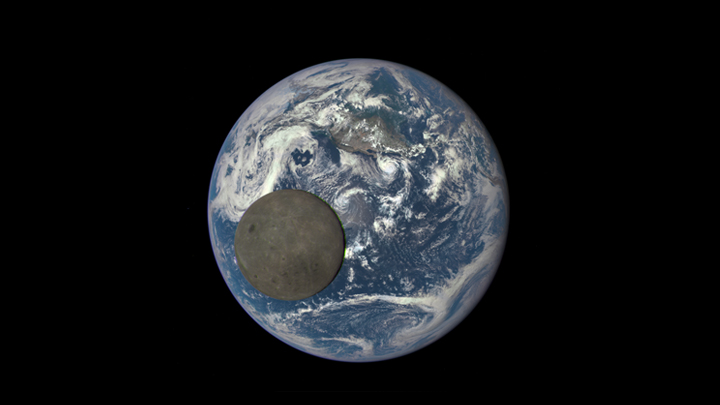 This image shows images of the far side of the moon, illuminated by the sun, as it crosses between the DISCOVR spacecraft's Earth Polychromatic Imaging Camera (EPIC) and telescope, and the Earth.
