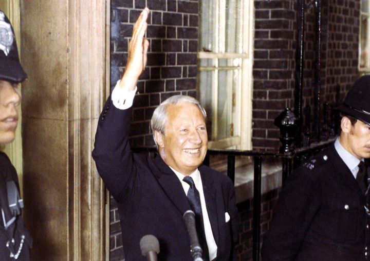 FILE - This June 19, 1970  file photo shows Conservative Party leader Edward Heath as he gives a cheery wave from the doorway of No. 10 Downing Street, London following his party's victory in the General Election. 