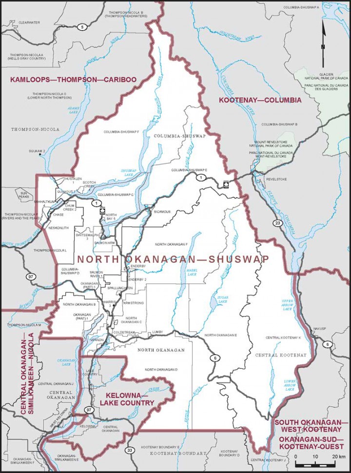 Map of North Okanagan - Shuswap riding boundaries . 