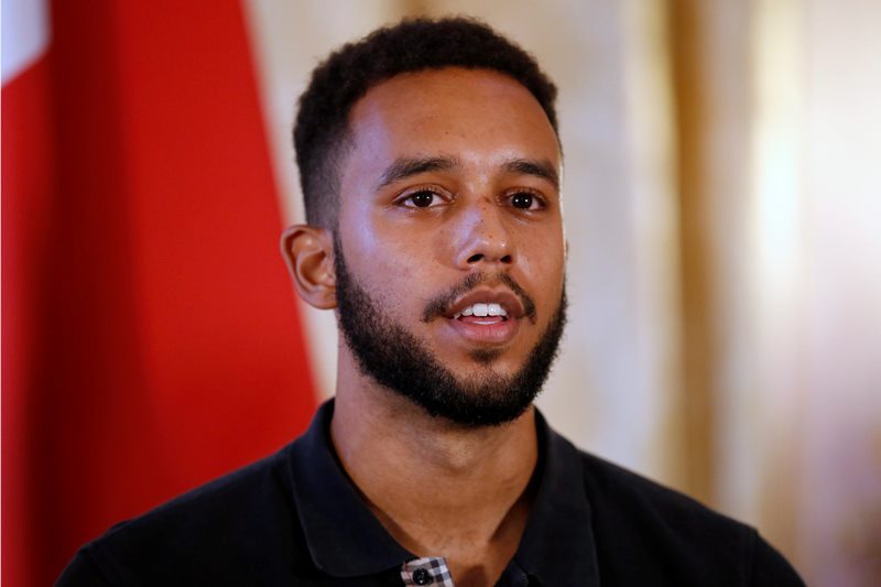 Anthony Sadler, a senior at Sacramento University in California attends a press conference held at the U.S. Ambassador’s residence with Alek Skarlatos and U.S. Airman Spencer Stone, in Paris, France, Sunday, Aug. 23, 2015.