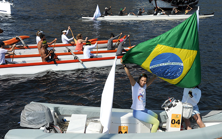 Activists of the NGO Baia Viva, sailors and fishermen protest against the pollution on Guanabara Bay where Olympic sailing events will take place in a year, in Rio de Janeiro, Brazil, on August 8, 2015.