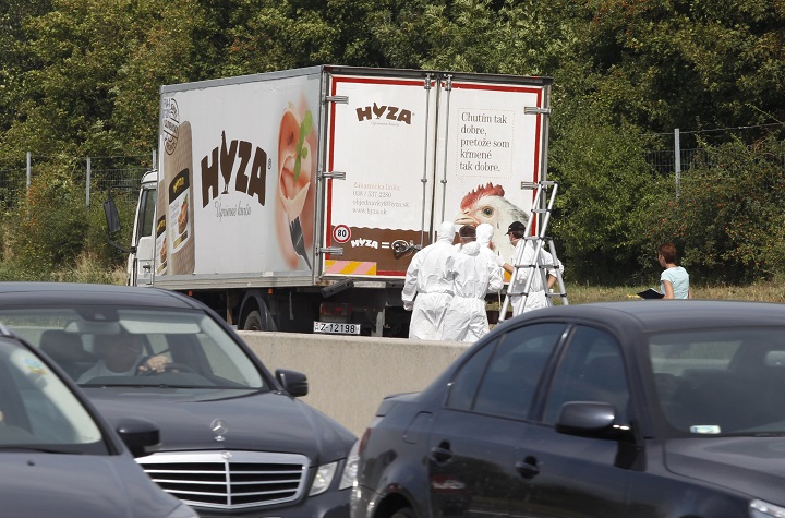 Forensic officers stand in front of a truck inside which were found a large number of dead migrants on a motorway near Neusiedl am See, Austria, on August 27, 2015. 
